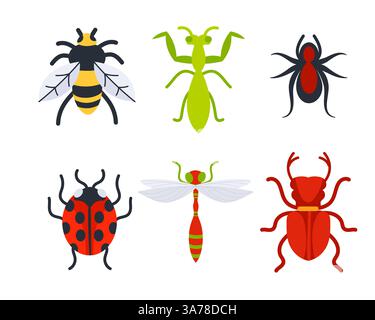 Insectes fixés sur fond blanc. Coccinelle et araignée, moustique. Illustration de Vecteur