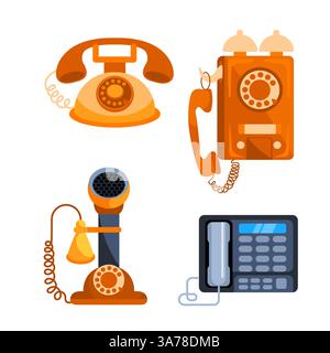 Évolution du téléphone à partir de vieux téléphones vintage, téléphone portable. Divers vieux téléphones filaires pour les appels. Illustration de Vecteur