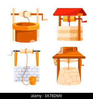 Ensemble de puits d'eau. Puits paysans décorés en pierre et en bois pour l'extraction de l'eau Illustration de Vecteur