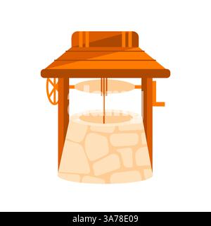 Ensemble de puits d'eau. Puits paysans décorés en pierre et en bois pour l'extraction de l'eau Illustration de Vecteur