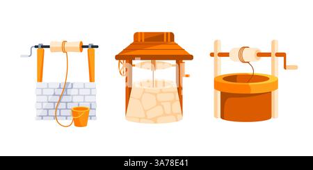 Ensemble de puits d'eau. Puits paysans décorés en pierre et en bois pour l'extraction de l'eau Illustration de Vecteur