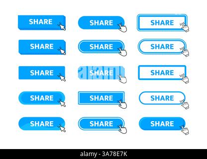 Bouton Partager avec clic du pointeur. Bouton Web. Pression du doigt. Cliquez pour partager le concept. Illustration vectorielle Illustration de Vecteur