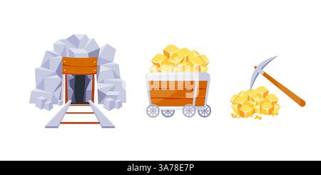 Jeu d'icônes d'exploration de données. Outils de mine d'or. Pile de minéraux précieux et chariot. Tunnel rétro. Vieille mine. Illustration de Vecteur