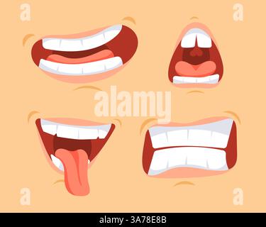 Bouches drôles. Bouche et lèvres parlantes. Souriez avec des dents, en colère et rigolez Illustration de Vecteur