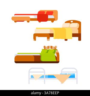 Lit de couchage, canapé pour appartement de vie. Lits avec oreillers. Intérieur de maison ou d'hôtel. Illustration de Vecteur