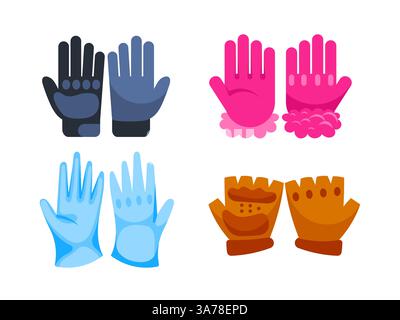 Ensemble gants et moufles d'hiver chauds. Gants et mitaines d'hiver de dessin animé. Illustration de Vecteur