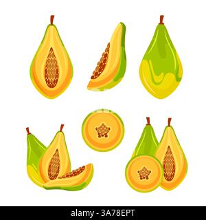 Set de papaye, pawpaw. Papaye entière et en deux Illustration de Vecteur