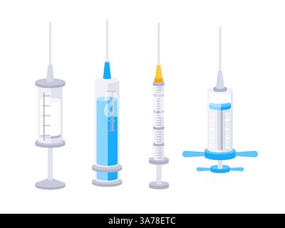 Jeu de seringues. Seringues médicales en plastique de différentes tailles. Injections sous-cutanées et intramusculaires. Illustration de Vecteur