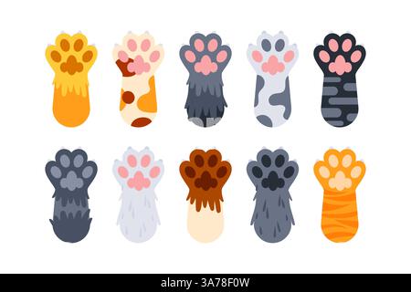 Jeu de pattes de chat. Empreintes de dessin animé de Kitty. Pied d'animal domestique. Illustration de Vecteur