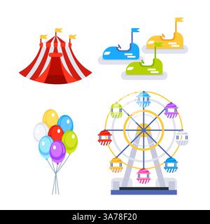 Attractions du parc d'attractions manèges. Tente de cirque. Grande roue. Éléments de divertissement architecturaux. Illustration de Vecteur