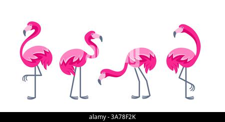 Ensemble de flamants roses debout dans différentes poses, illustration colorée d'oiseaux exotiques avec de longues jambes et cou, concept de la faune Illustration de Vecteur