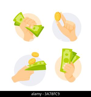 Main tenant de l'argent. Bras humain donnez de l'argent et payez en billets de banque en dollars. Faire des dons. Illustration de Vecteur