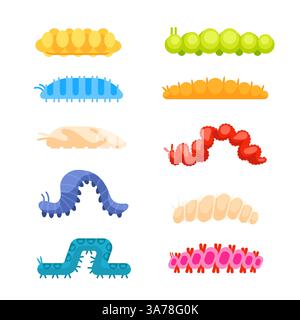 Ensemble de chenilles colorées rampant et souriant dessin animé dessin animé dessin animé dessin vectoriel plat Illustration de Vecteur