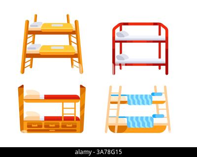 Quatre lits superposés vides différents avec matelas, oreillers et couvertures représentant un endroit pour dormir pour deux personnes Illustration de Vecteur