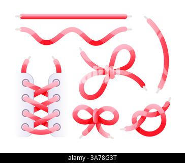 Ensemble de lacets rouges est montré attaché dans différents nœuds, avec une image représentant une chaussure blanche avec les lacets attachés Illustration de Vecteur