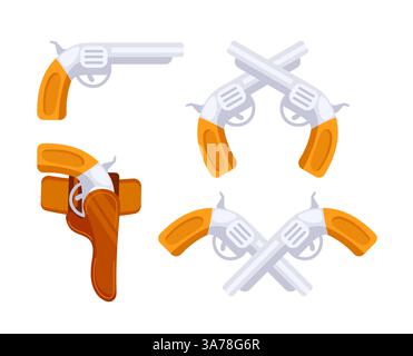 Ensemble de pistolets dans un style plat, certains pointent vers la droite, d'autres vers la gauche, et d'autres sont croisés Illustration de Vecteur