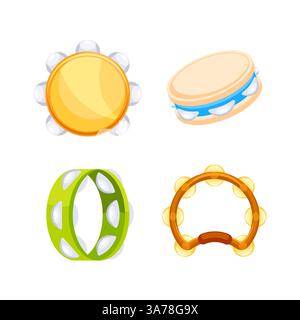 Ensemble de tambourins colorés posés dans différentes positions, instruments de percussion ethniques traditionnels, instruments de musique illustration vectorielle plate Illustration de Vecteur