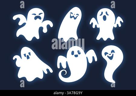 Six fantômes de dessins animés flottent et font des visages différents, de heureux à effrayés, sur un fond bleu foncé Illustration de Vecteur