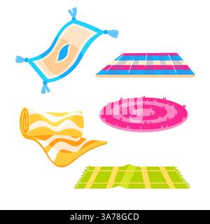 Ensemble de différents tapis colorés et tapis couchés sur le sol, éléments de design intérieur dans un style plat Illustration de Vecteur
