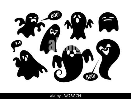 Collection de fantômes de dessins animés mignons avec différentes expressions, parfait pour les designs à thème d'halloween Illustration de Vecteur