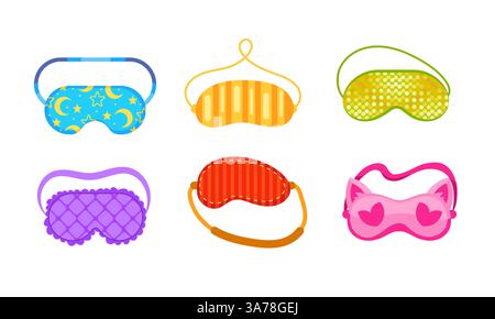 Différents masques de sommeil colorés avec un design mignon pour bien dormir et avoir de bons rêves Illustration de Vecteur