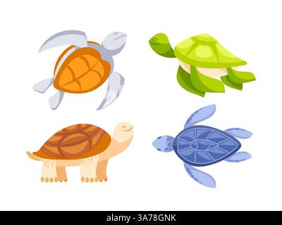 Quatre tortues de dessin animé colorées nageant et marchant, isolées sur fond blanc Illustration de Vecteur