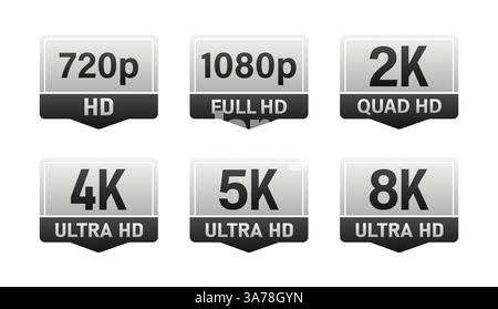 Ensemble d'emblèmes modernes en argent brillant montrant des résolutions vidéo de hd à 8k Illustration de Vecteur