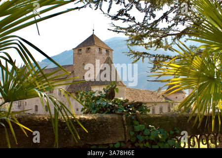 Château historique encadré par le feuillage méditerranéen dans un paysage de montagne, Merano, Italie Banque D'Images