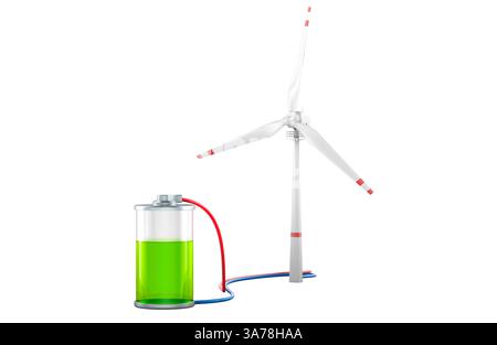 Éolienne chargeant la batterie. Rendu 3D isolé sur fond blanc Banque D'Images