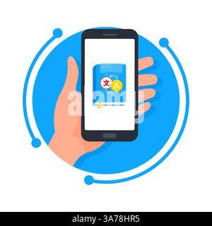Illustration d'une main tenant un smartphone avec une application de traducteur de langue ouverte, symbolisant la facilité de la communication et de l'apprentissage à l'échelle mondiale Illustration de Vecteur