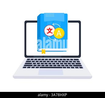 Cours de langue en ligne, concept de service de traduction numérique, document de traduction d'ordinateur portable, application d'apprentissage de langues étrangères Illustration de Vecteur