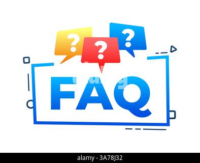 FAQ concept avec des points d'interrogation dans des bulles de discours sur une bannière avec le texte à l'intérieur Illustration de Vecteur