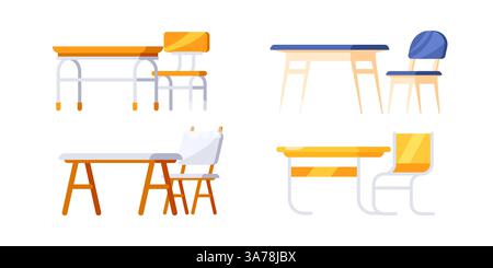 Ensemble de pupitres scolaires avec chaises utilisées par les élèves et les étudiants dans une salle de classe ou à la maison Illustration de Vecteur