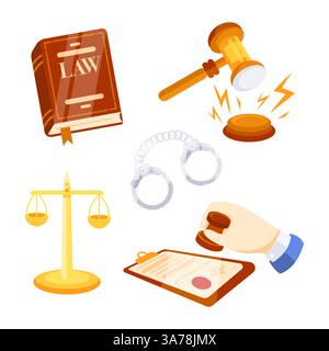 Éléments de cabinet d'avocats avec marteau, menottes et livre de droit Illustration de Vecteur