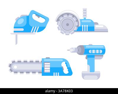 Ensemble d'outils électriques bleus pour les travaux de construction et de réparation comprenant une tronçonneuse, une scie circulaire, une scie sauteuse et une perceuse. Illustration de Vecteur