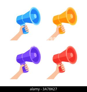 Mains tenant des mégaphones colorés faisant l'annonce Illustration de Vecteur