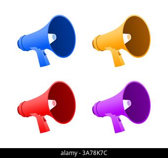 Mégaphones colorés faisant l'annonce sur fond blanc Illustration de Vecteur