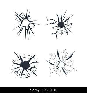 Ensemble de trous de verre brisés réalistes montrant les dommages causés par l'impact Illustration de Vecteur