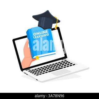 Main tenant le livre d'apprentissage en ligne sortant de l'ordinateur portable avec capuchon de remise de diplôme Illustration de Vecteur