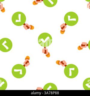Mains tenant des signes verts avec des coches, fond de motif sans couture Illustration de Vecteur