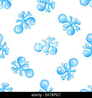 Modèle sans couture d'éclaboussure d'eau de bande dessinée, coulant, éclaboussure, égouttement, aqua, liquides, gouttes bleues sur fond blanc Illustration de Vecteur