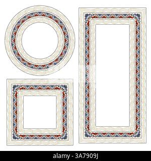 Cadres décoratifs tribaux. Répétitions géométriques complexes. Bords multicolores traditionnels. Style d'ornement vectoriel. Illustration de Vecteur