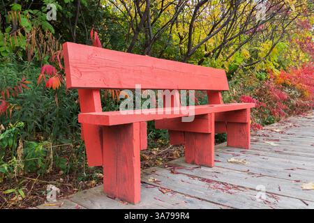 Banc d'assise rustique peint en rouge sur trottoir en bois en automne, Ile des Moulins, Vieux Terrebonne, Québec, Canada. Banque D'Images