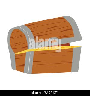Coffre au trésor en bois avec pièces d'or et bandes métalliques. Illustration de Vecteur