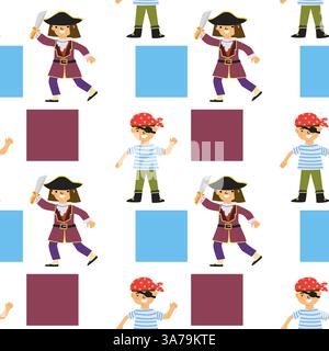 Motif de pirates de bande dessinée avec des personnages de garçon et de fille dans des costumes et des carrés lumineux. Illustration de Vecteur