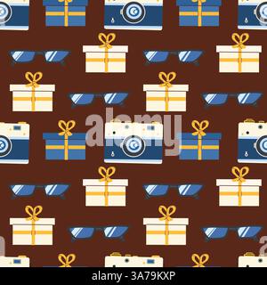 Motif cadeau heureux de fête des pères avec appareils photo et lunettes de soleil. Illustration de Vecteur