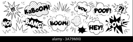 Mots d'action de bande dessinée - kaboom, bang, boom, wow et pow dans le style pop art. Bulles de discours rétro noir et blanc, effets sonores pour les scènes de combat de super-héros, explosions, surprises dans la conception de bandes dessinées. Illustration de Vecteur