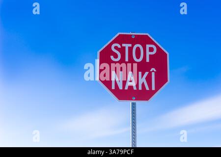 Arrêt routier bilingue dans la communauté autochtone bande crie de rivière, Edmonton, Alberta, |Canada Banque D'Images