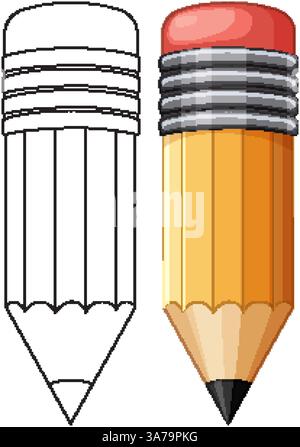 Illustration vectorielle d'un crayon dans les styles de contour et de couleur, mettant en évidence l'ombrage détaillé et les reflets Illustration de Vecteur