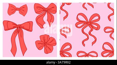 Coquette sans couture motif ruban rouge Bow. Jolis noeuds girly sur fond rose. Art romantique féminin tendance pour cartes de voeux, textile, tissu, papier peint, emballage. Illustration vectorielle. Illustration de Vecteur